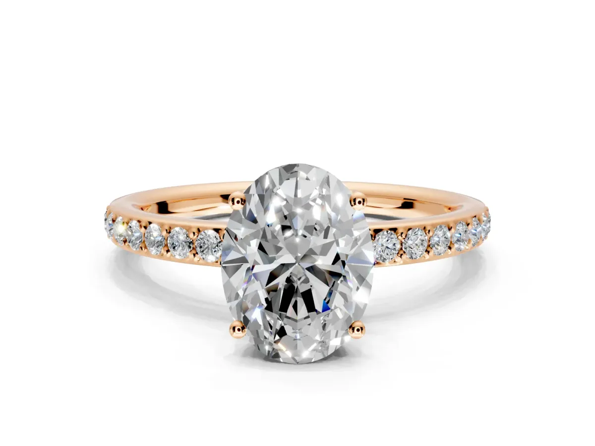 Solitaire Engagement Ring Setting for Oval Center with Fine Pave Band and Prong Head in Rose Gold