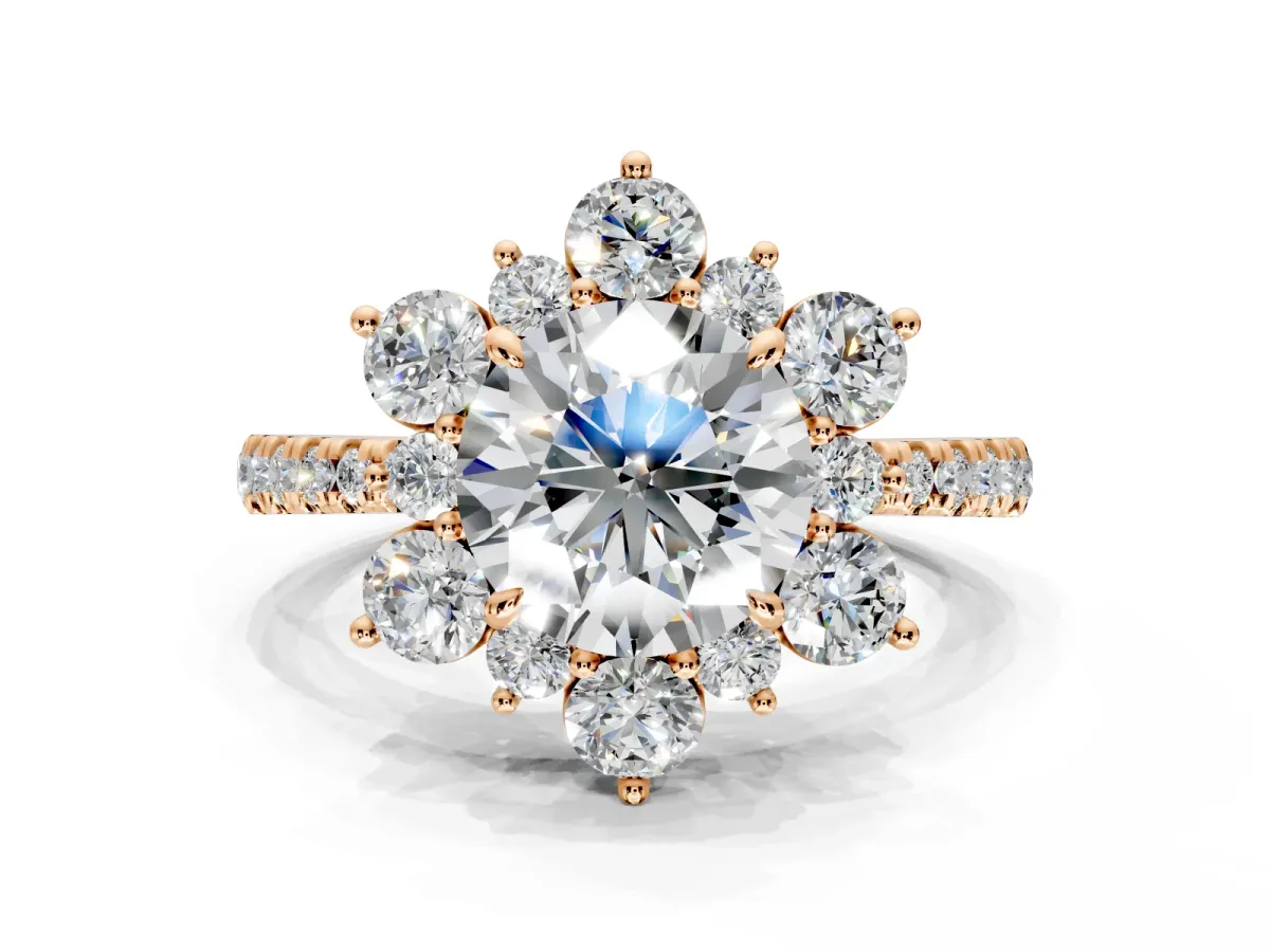 Floral Halo Engagement Ring Setting for Round Cut Center with Pave Accents and Prong Head in Rose Gold