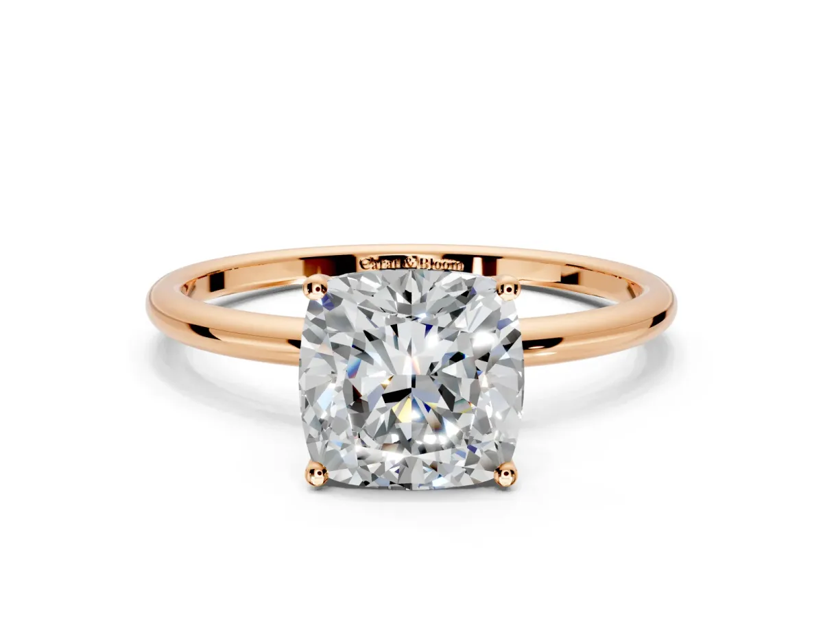 Solitaire Engagement Ring Setting for Cushion Cut Center with Straight Thin Band and Prong Head in Rose Gold