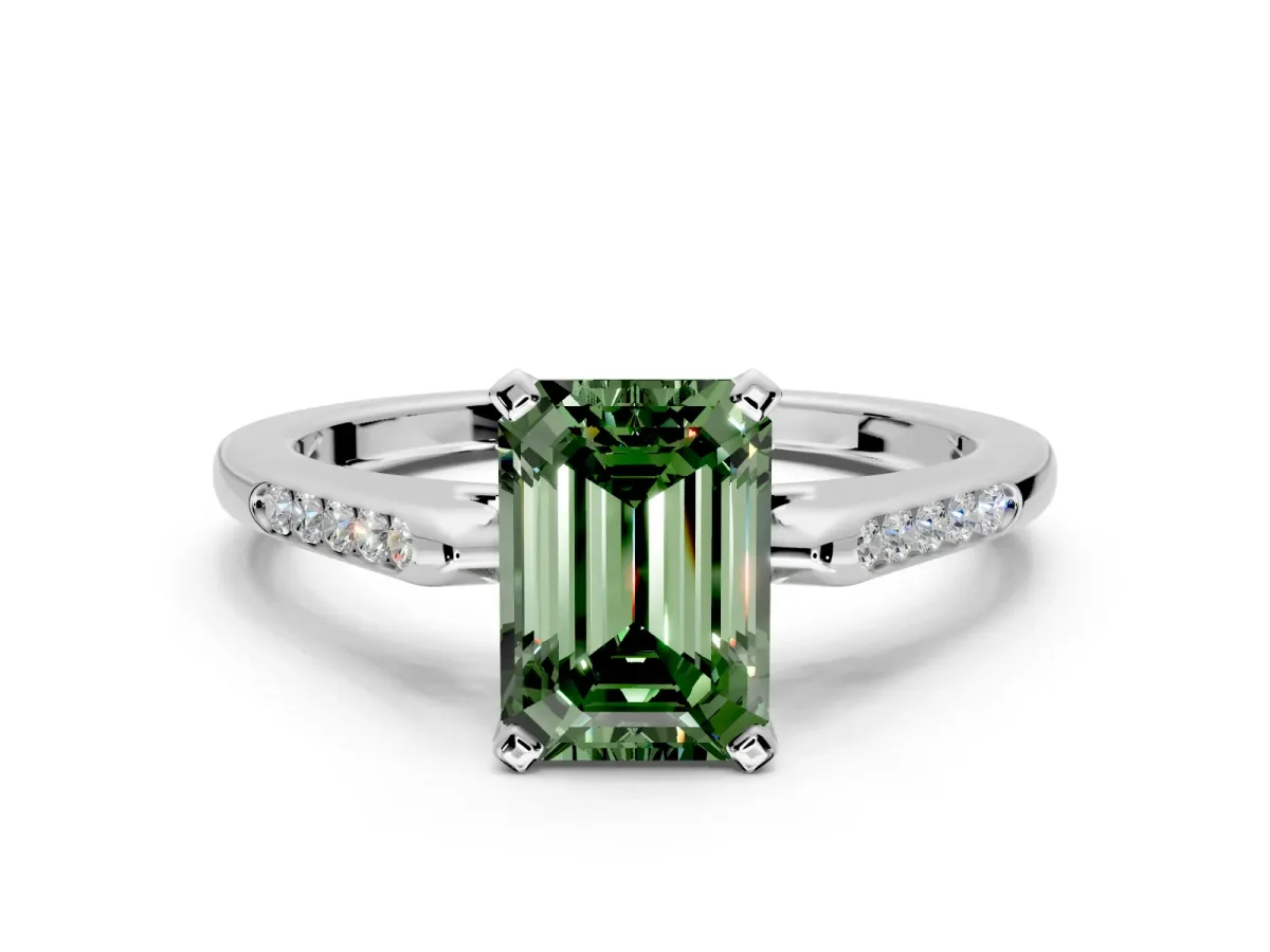 Solitaire Engagement Ring Setting for Fancy Green Emerald Cut Center with Channel Accents and Prong Head in Platinum