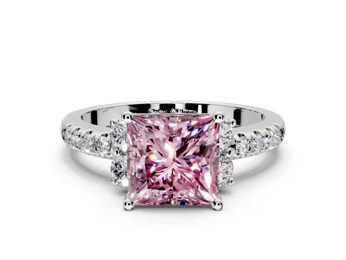 Paired Accent Engagement Ring Setting for Fancy Pink Princess Cut Center with Pave Band and Prong Head in Platinum