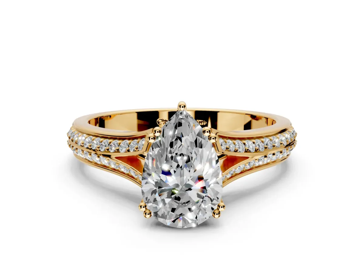 Solitaire Engagement Ring Setting for Pear-Shaped Center with Pave Rail Split Shank and Prong Head in Yellow Gold