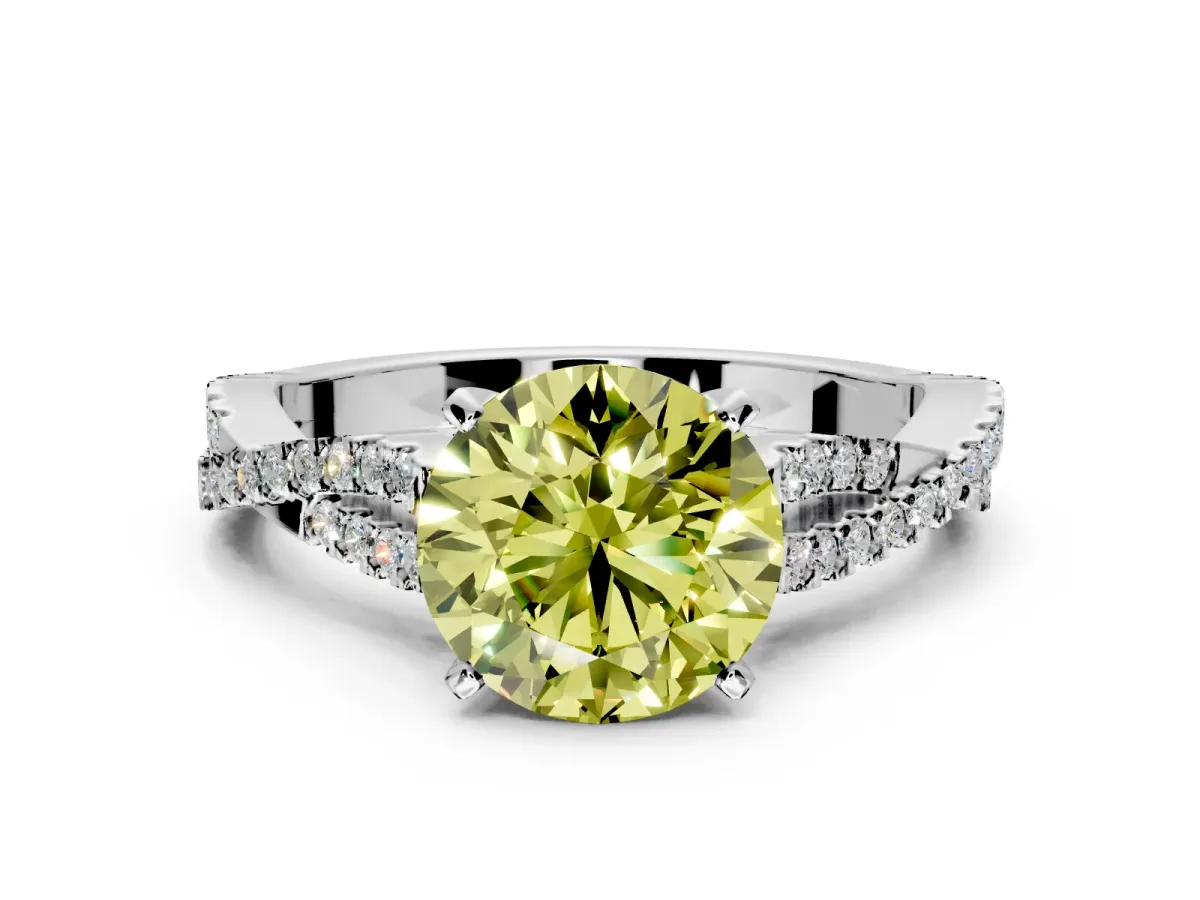 Solitaire Engagement Ring Setting for Fancy Yellow Round Cut Center with Twisted Pave Split Shank and Prong Head in Platinum