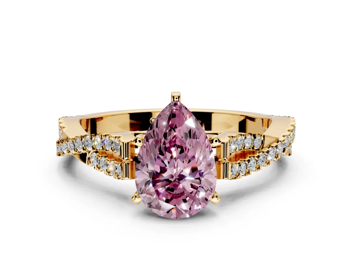 Solitaire Engagement Ring Setting for Fancy Pink Pear-Shaped Center with Twisted Pave Split Shank and Prong Head in Yellow Gold
