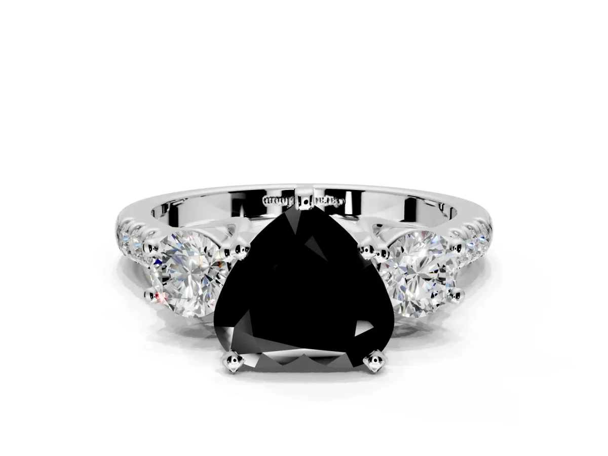 3 Stone Engagement Ring Setting for Fancy Black Heart-Shaped Center with Crossover Basket, Pave Band and Prong Head in Platinum