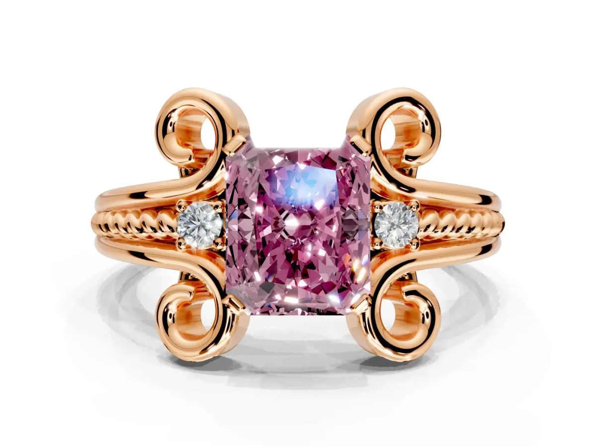 Solitaire Engagement Ring Setting for Fancy Pink Radiant Cut Center with Twisted Band and Scroll Prong Head in Rose Gold