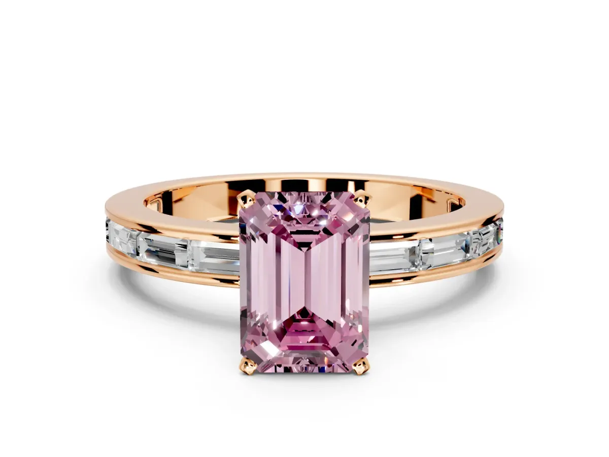 Solitaire Engagement Ring Setting for Fancy Pink Emerald Cut Center with Channel Baguette Band and Prong Head in Rose Gold