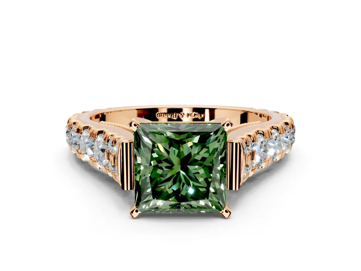 Solitaire Engagement Ring Setting for Fancy Green Princess Cut Center with Pave Cathedral Shoulders and Prong Head in Rose Gold