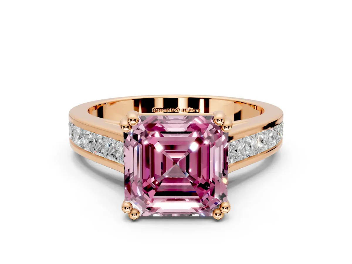 Solitaire Engagement Ring Setting for Fancy Pink Asscher Cut Center with Channel Band and Double Claw Prong Head in Rose Gold