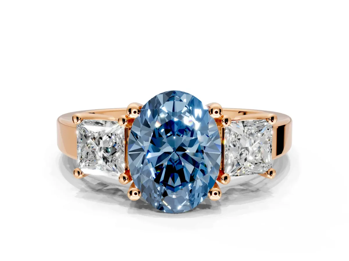 3 Stone Engagement Ring Setting for Fancy Blue Oval Center with Matching Side Accents and Prong Head in Rose Gold