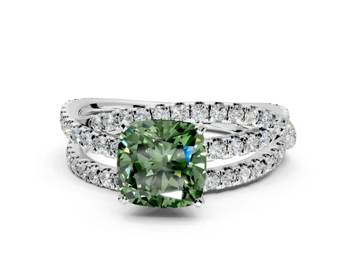 Solitaire Engagement Ring Setting for Fancy Green Cushion Cut Center with Woven 3-Strand Pave Band and Prong Head in Sterling Silver