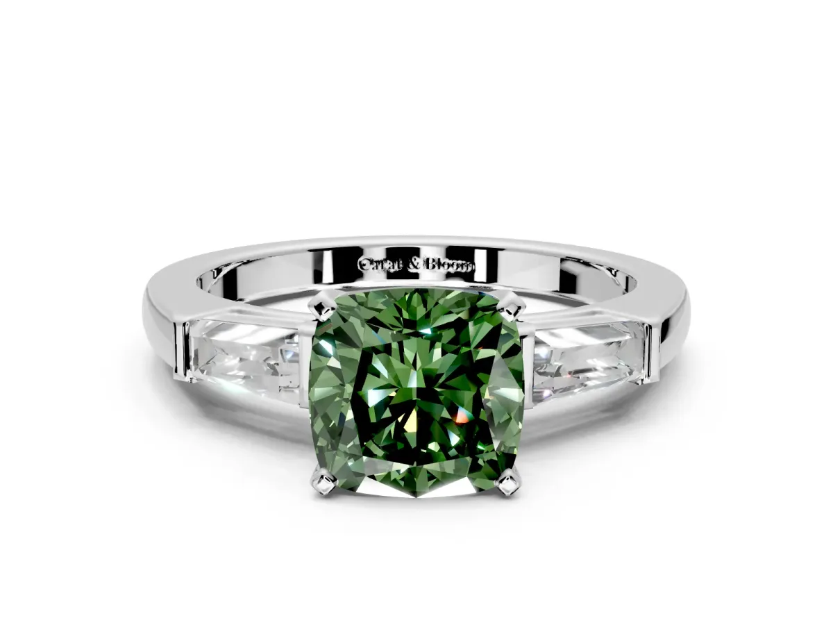 3 Stone Engagement Ring Setting for Fancy Green Cushion Cut Center with Tapered Baguettes, Plain Band and Prong Head in Platinum