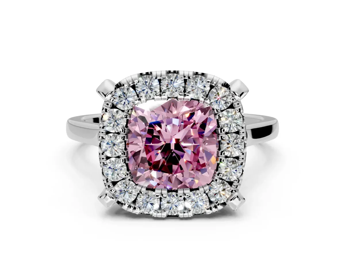 Single Halo Engagement Ring Setting for Fancy Pink Cushion Cut Center with Corner Claws, Plain Band and Prong Head in Sterling Silver