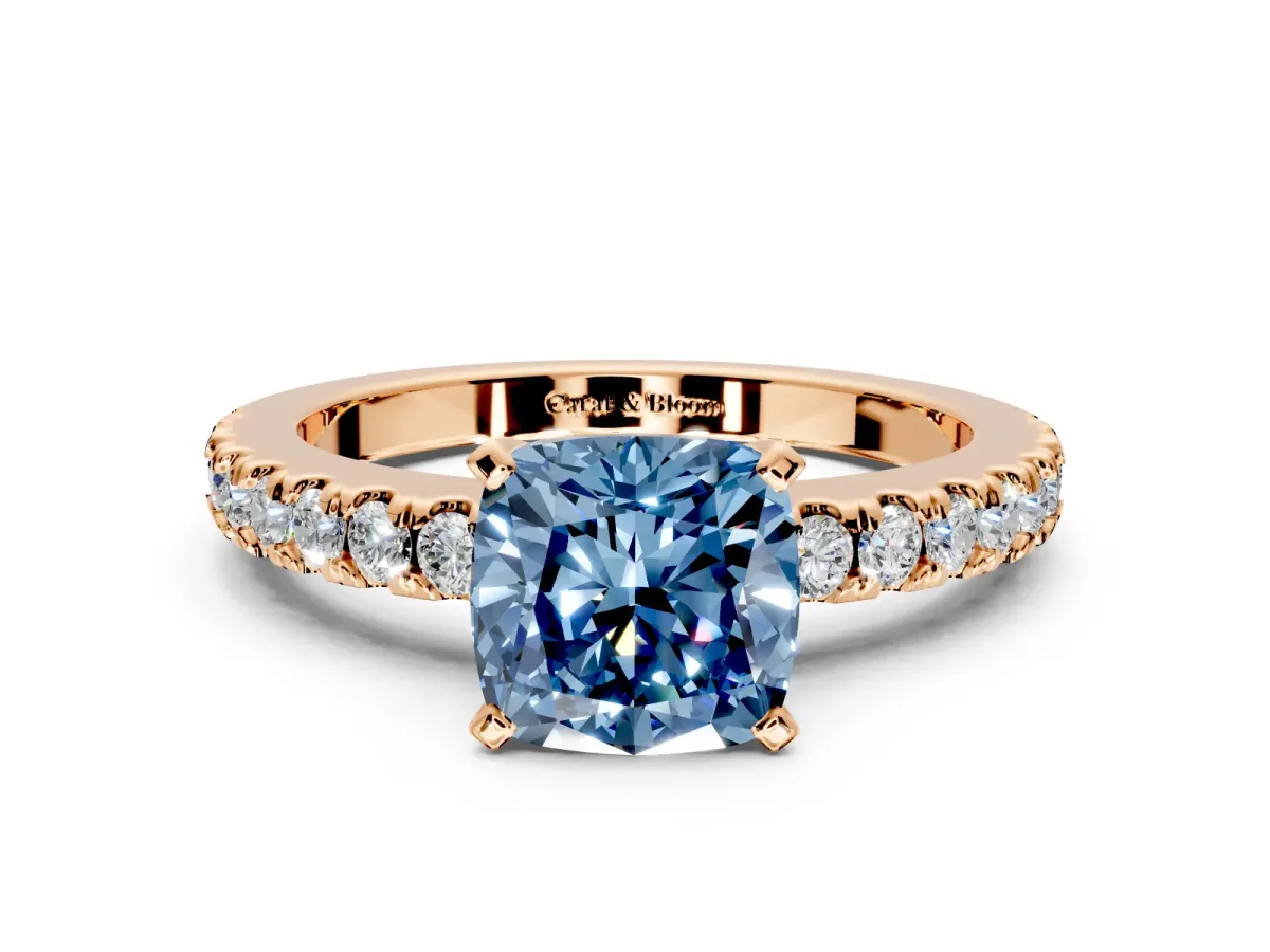 Solitaire Engagement Ring Setting for Fancy Blue Cushion Cut Center with Single Row Accent Band and Prong Head in Rose Gold