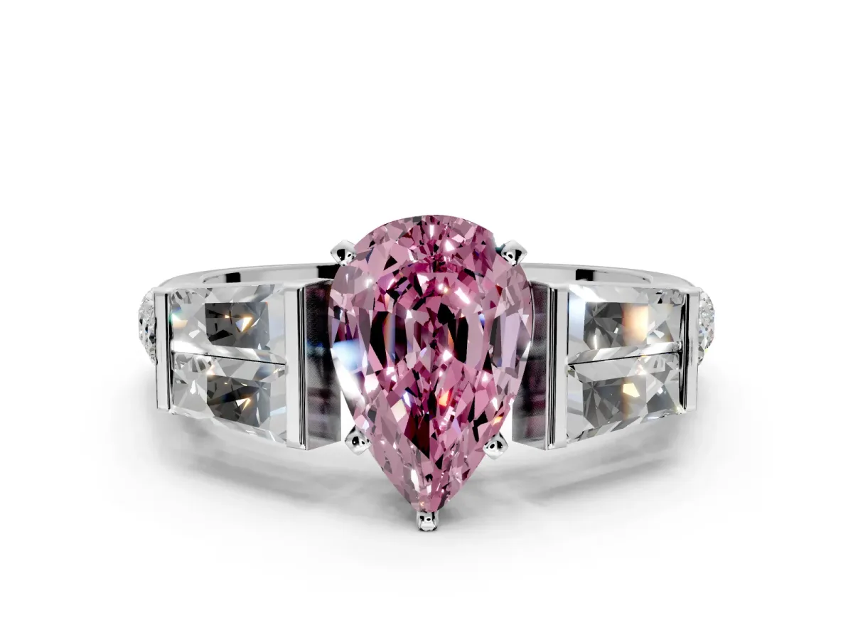 Channel-Set Engagement Ring Setting for Fancy Pink Pear-Shaped Center with Baguette Band and Prong Head in Platinum