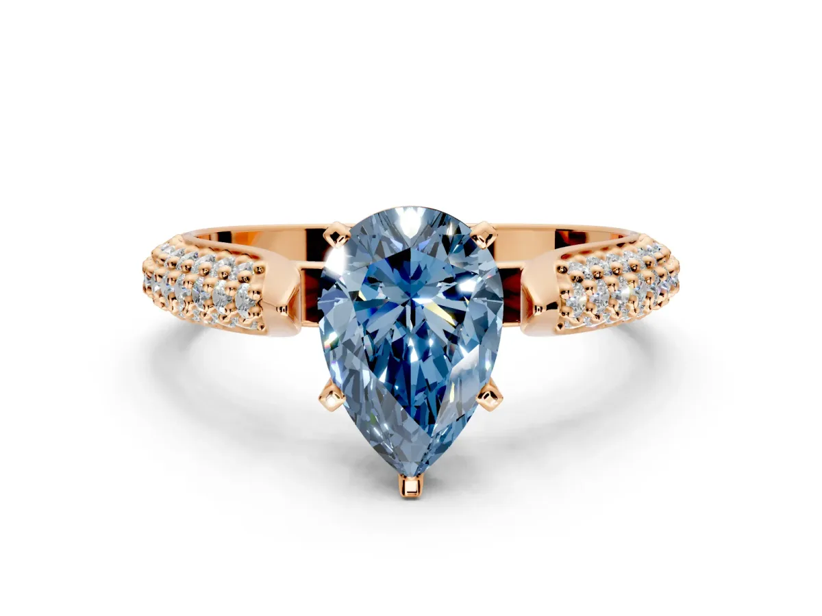 Solitaire Engagement Ring Setting for Fancy Blue Pear-Shaped Center with Multi-Row Accents and Prong Head in Rose Gold
