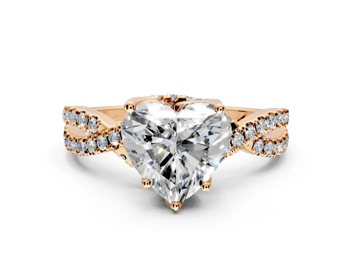 Solitaire Engagement Ring Setting for Heart-Shaped Center with Narrow Twist Pave Band and Prong Head in Rose Gold