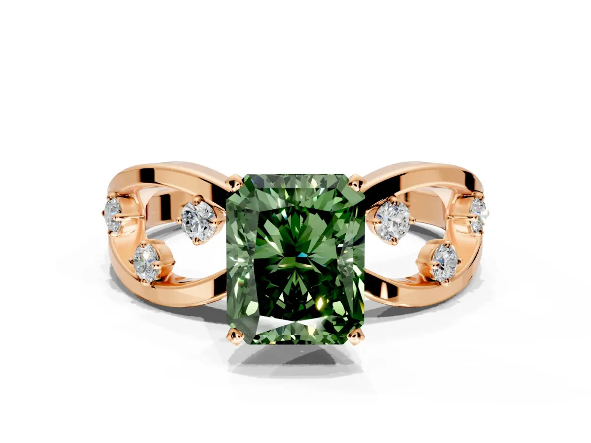 Solitaire Engagement Ring Setting for Fancy Green Radiant Cut Center with Criss-Cross Accent Band and Prong Head in Rose Gold