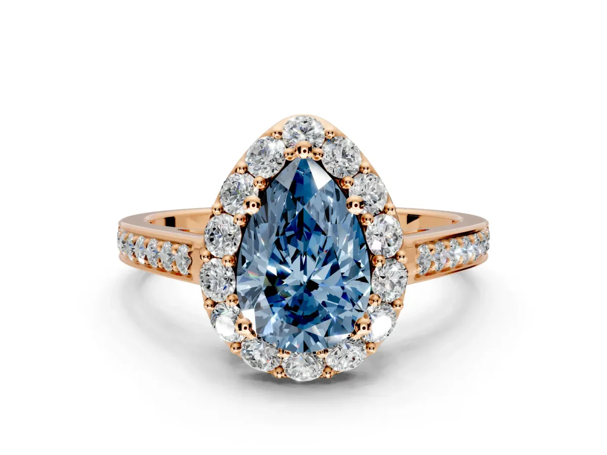 Floral Halo Engagement Ring Setting for Fancy Blue Pear-Shaped Center with Large Halo Accents and Prong Head in Rose Gold