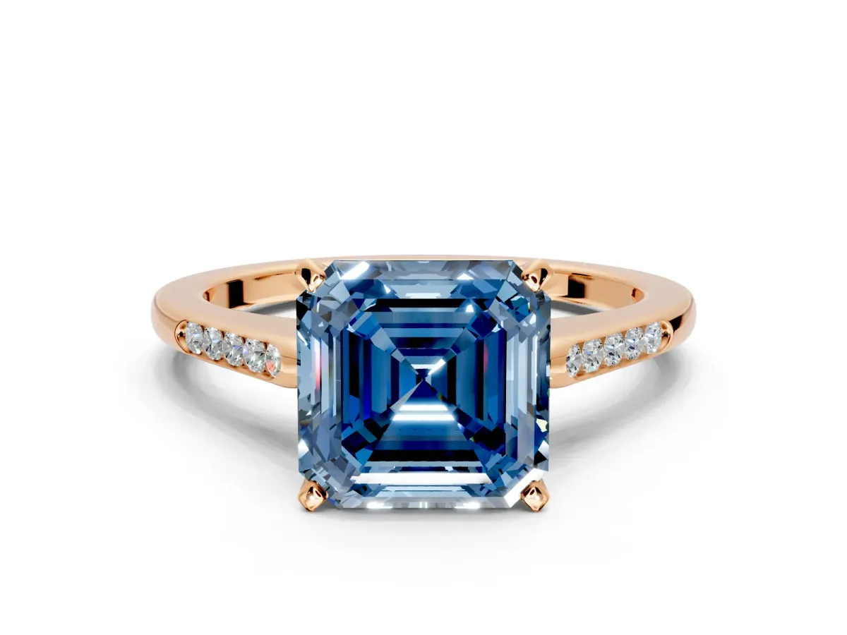Solitaire Engagement Ring Setting for Fancy Blue Asscher Cut Center with Channel Accents and Prong Head in Rose Gold