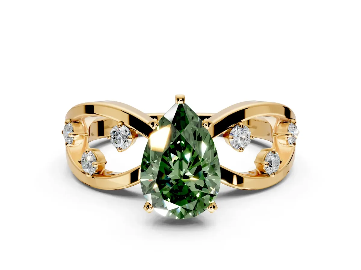 Solitaire Engagement Ring Setting for Fancy Green Pear-Shaped Center with Criss-Cross Accent Band and Prong Head in Yellow Gold