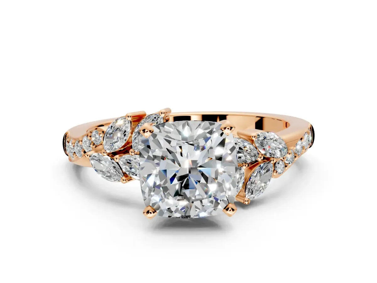 Solitaire Engagement Ring Setting for Cushion Cut Center with Marquise Accent Twist Band and Prong Head in Rose Gold
