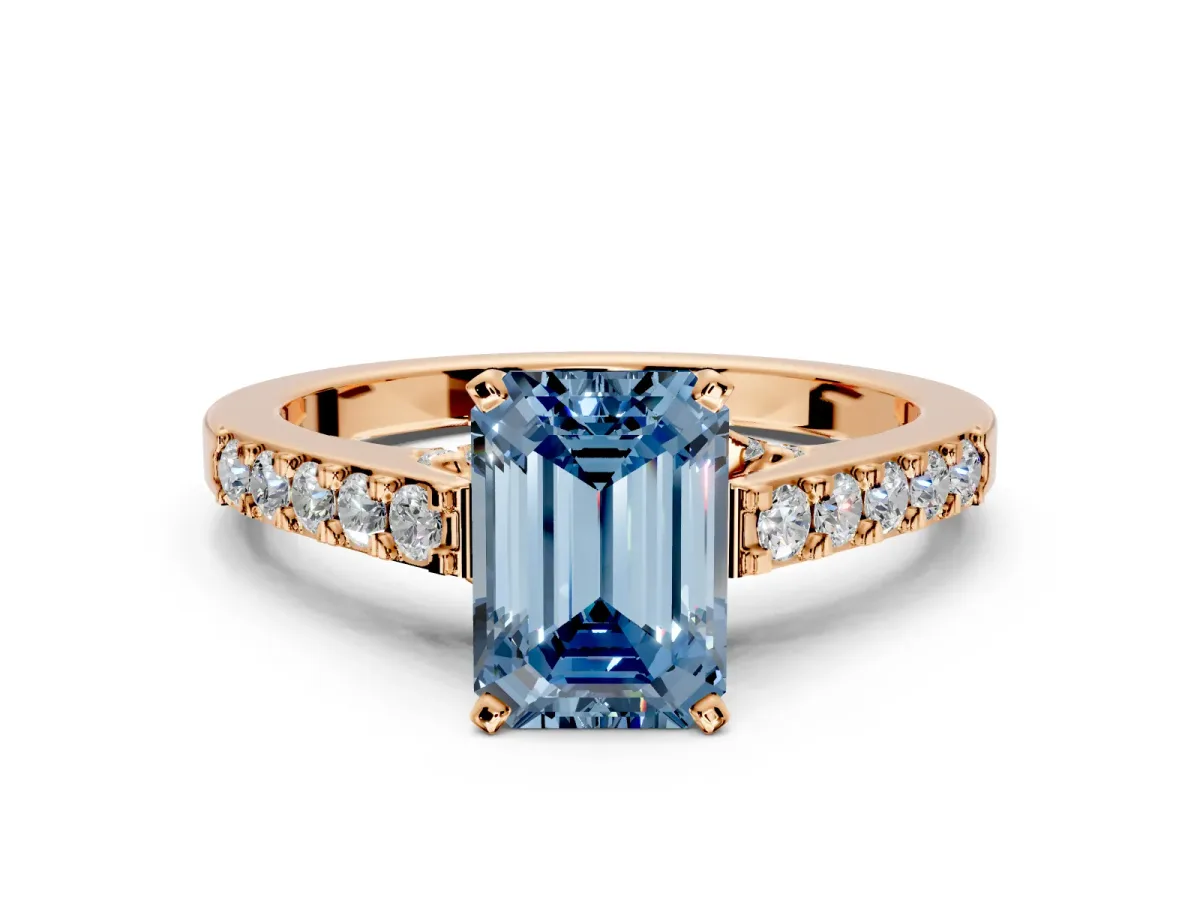 Solitaire Engagement Ring Setting for Fancy Blue Emerald Cut Center with Crossover Accents and Prong Head in Rose Gold