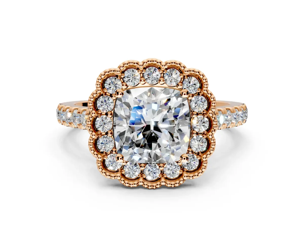 Milgrain Floral Halo Engagement Ring Setting for Cushion Cut Center with Pave Band and Prong Head in Rose Gold