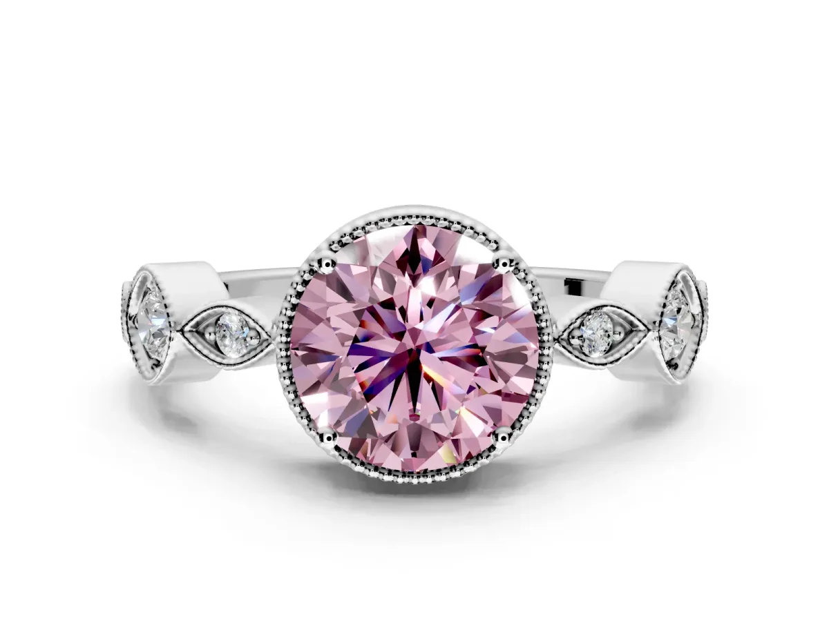 Vintage Station Engagement Ring Setting for Fancy Pink Round Cut Center with Accents and Prong Head in Sterling Silver