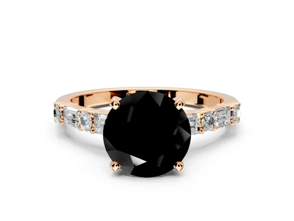 Baguette Engagement Ring Setting for Fancy Black Round Cut Center with Alternating Bar-Set Band and Prong Head in Rose Gold