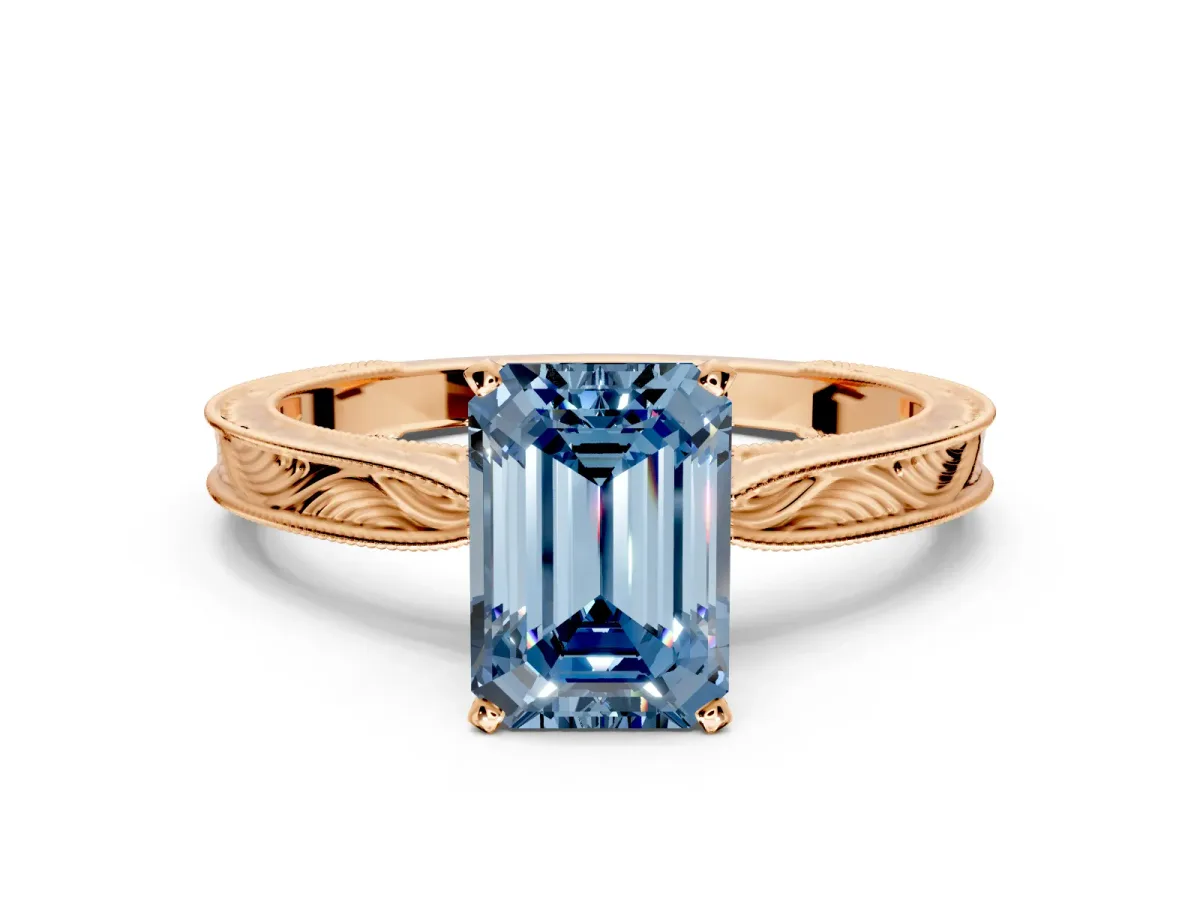Solitaire Engagement Ring Setting for Fancy Blue Emerald Cut Center with Engraved Milgrain Band and Prong Head in Rose Gold