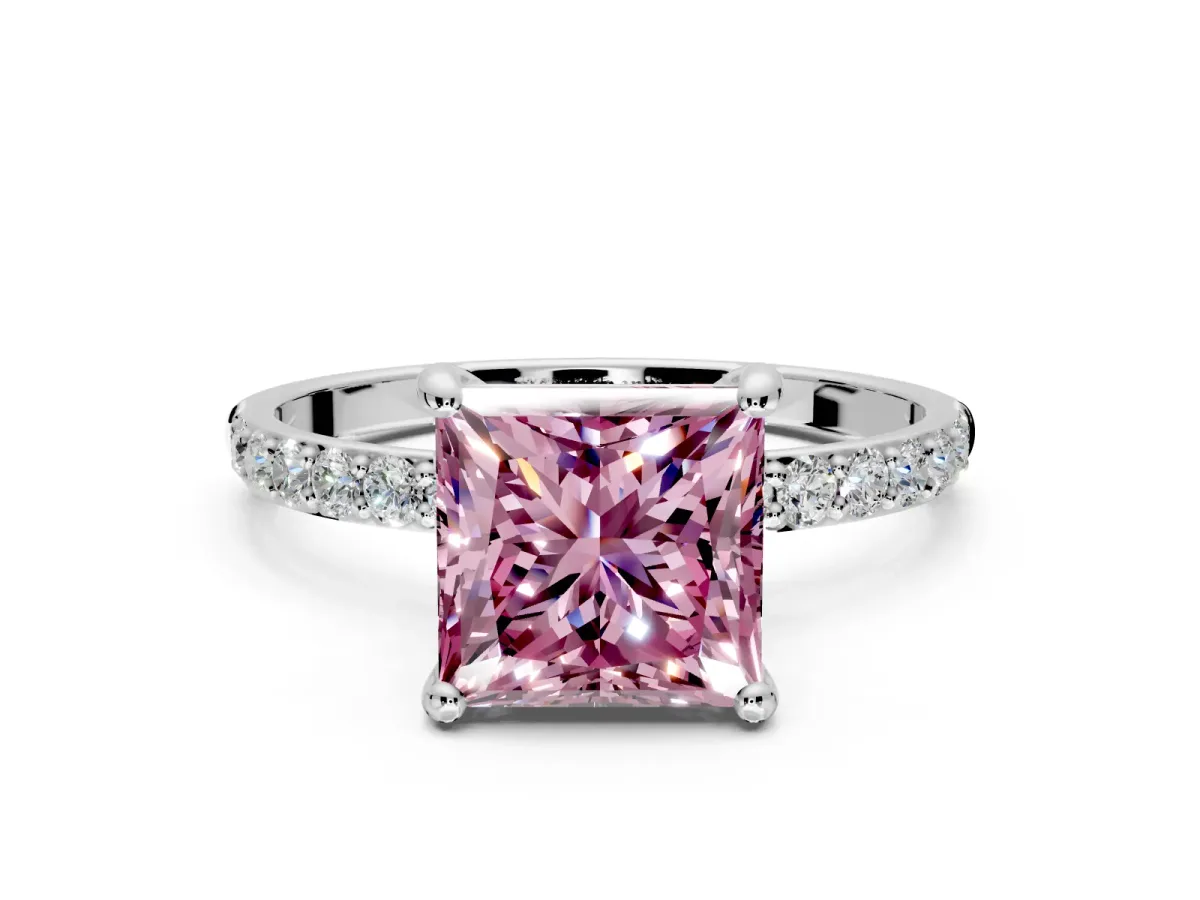 Solitaire Engagement Ring Setting for Fancy Pink Princess Cut Center with Pave Accents and Prong Head in Platinum