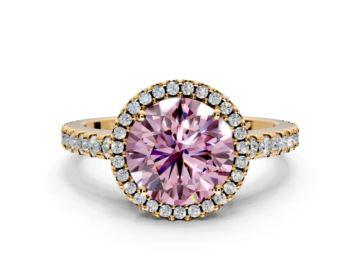 Accent Halo Engagement Ring Setting for Fancy Pink Round Cut Center with Full-Length Pave Band and Prong Head in Yellow Gold