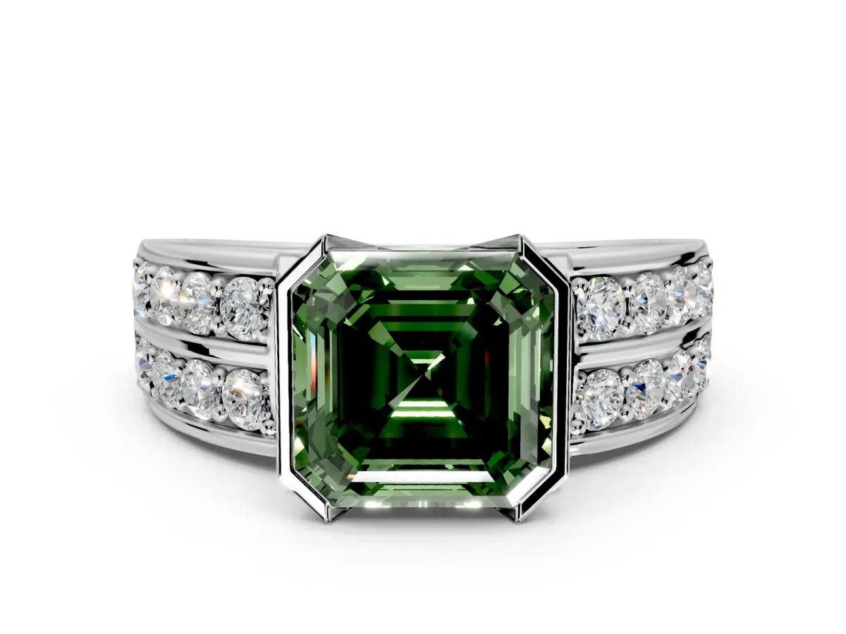 Bezel Engagement Ring Setting for Fancy Green Asscher Cut Center with Wide Channel-Set Band and Bezel Head in White Gold