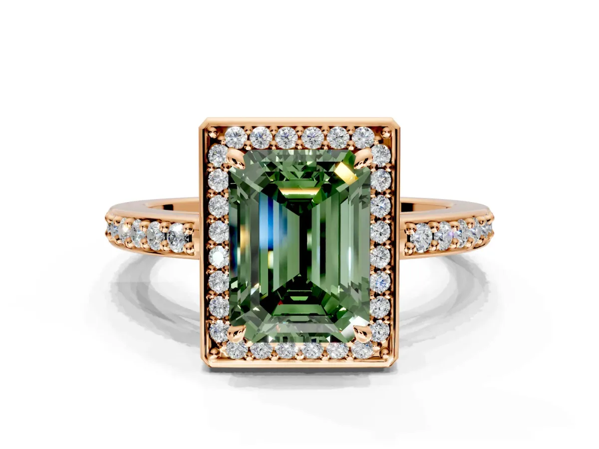 Halo Engagement Ring Setting for Fancy Green Emerald Cut Center with Metal-Rimmed Halo, Pave Band and Prong Head in Rose Gold