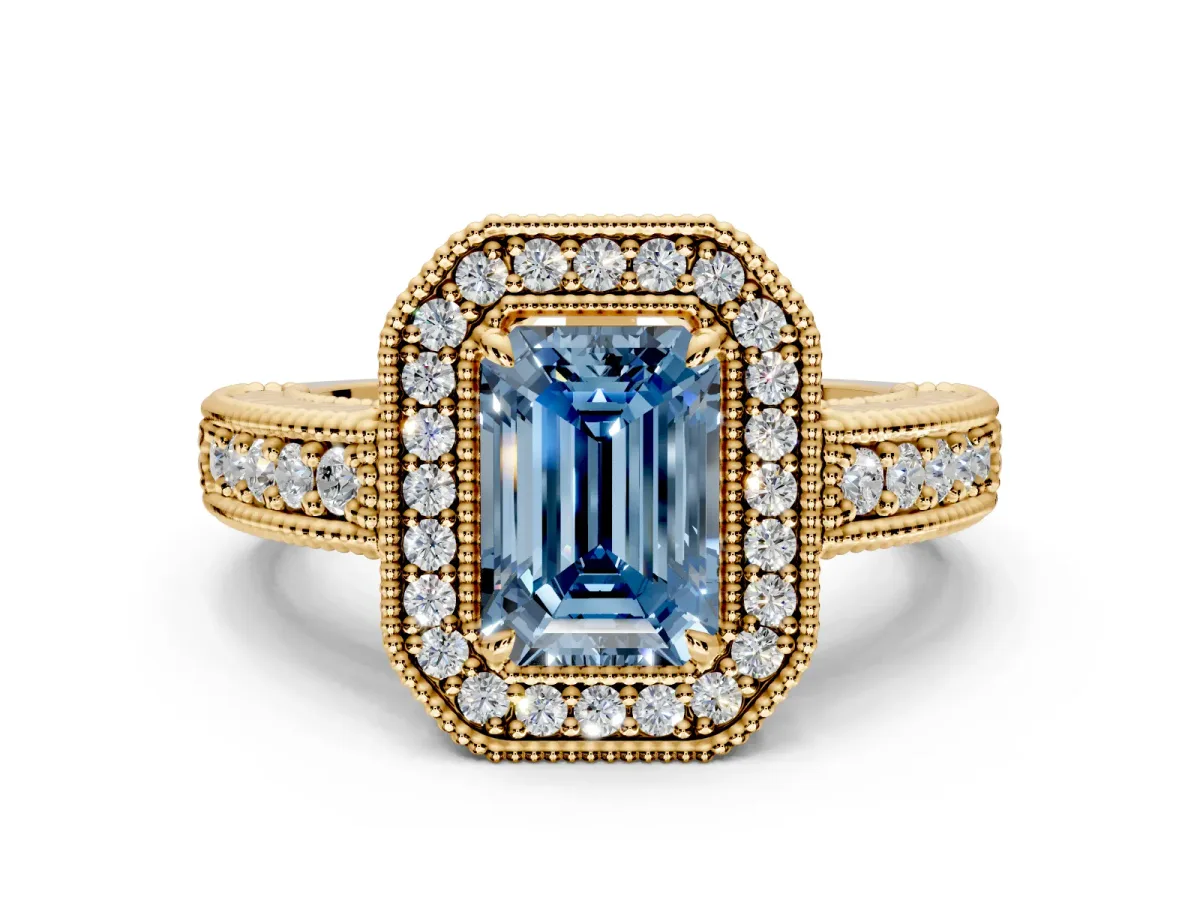 Milgrain Halo Engagement Ring Setting for Fancy Blue Emerald Cut Center with Pave Band and Prong Head in Yellow Gold