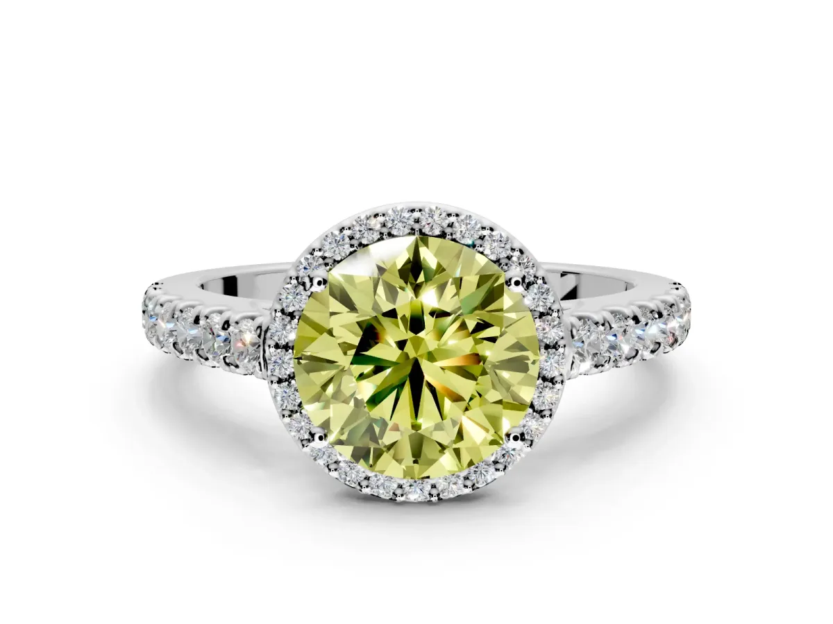 Halo Engagement Ring Setting for Fancy Yellow Round Cut Center with Full Pave Band and Prong Head in Platinum