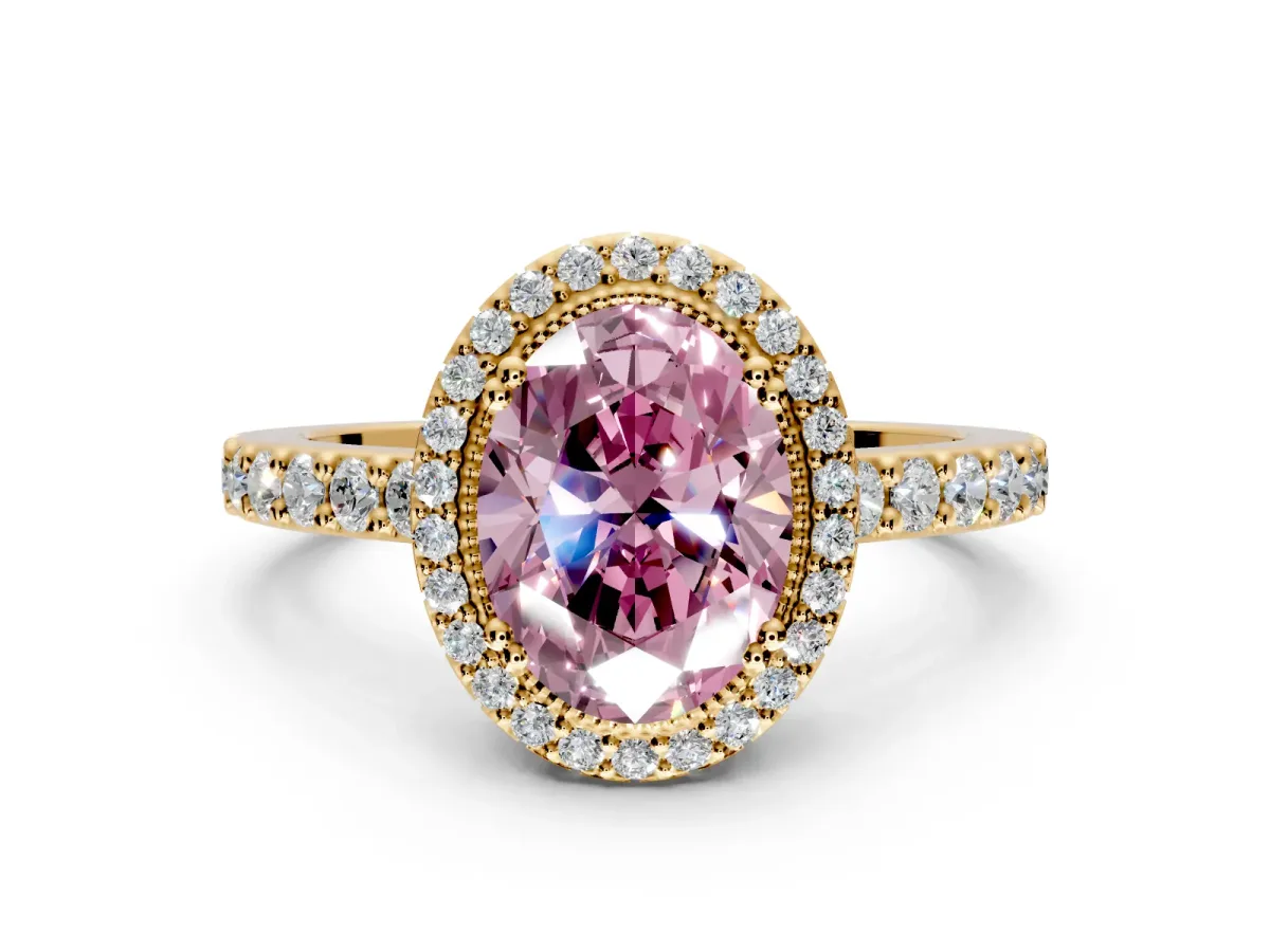 Halo Engagement Ring Setting for Fancy Pink Oval Center with Inner Milgrain Border and Prong Head in Yellow Gold