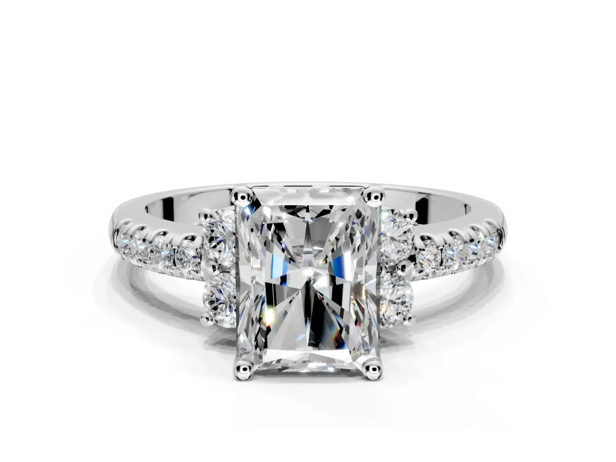 Paired Accent Engagement Ring Setting for Radiant Cut Center with Pave Band and Prong Head in White Gold