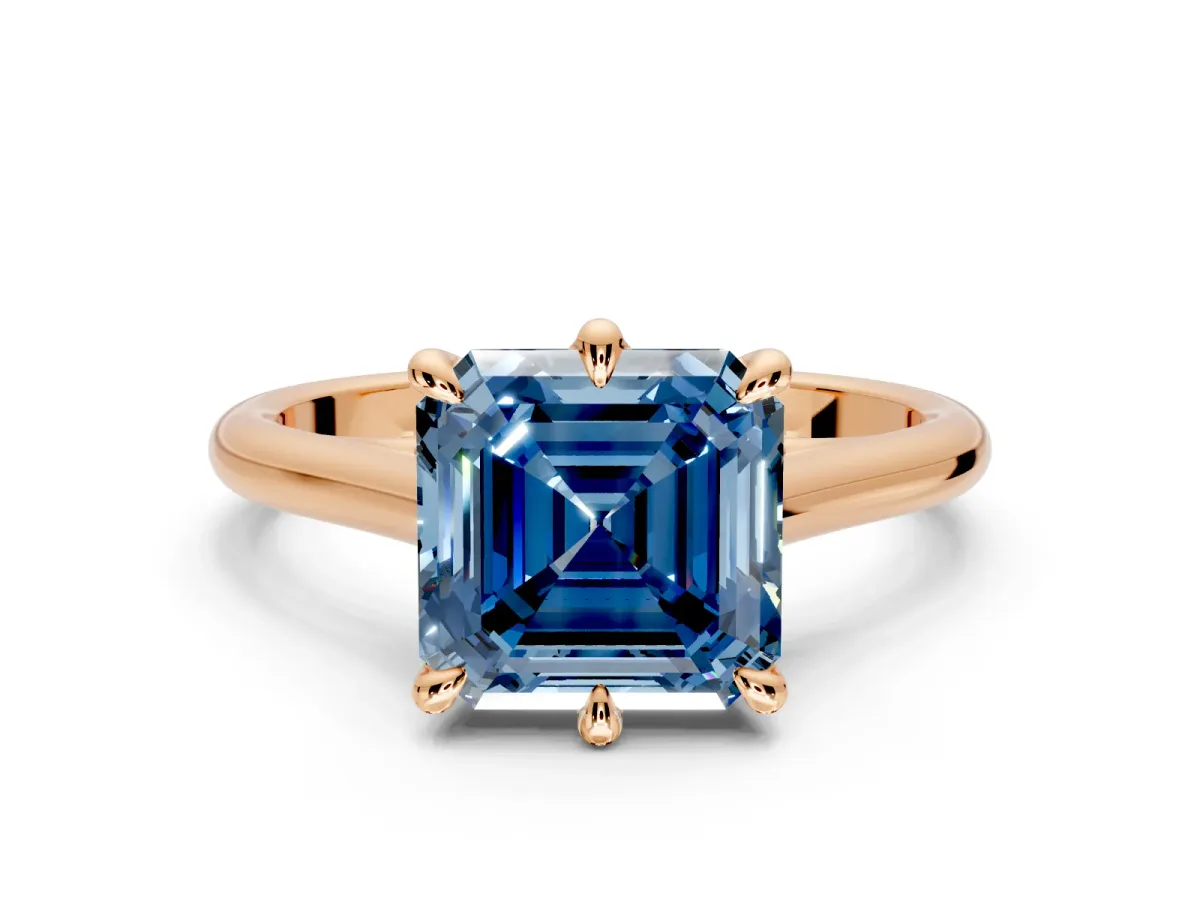 Solitaire Engagement Ring Setting for Fancy Blue Asscher Cut Center with Cathedral Band and Prong Head in Rose Gold