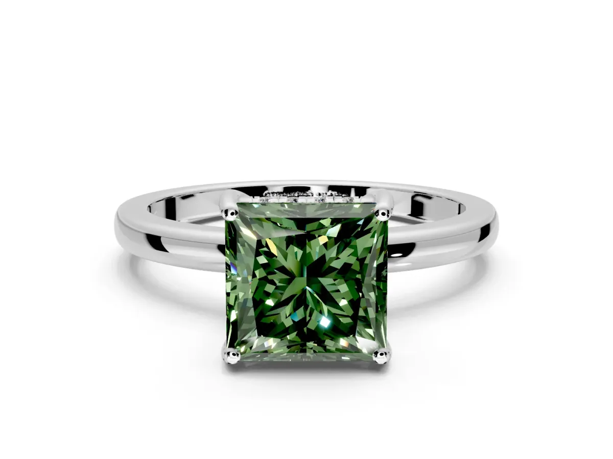 Solitaire Engagement Ring Setting for Fancy Green Princess Cut Center with Fine Wire Band and Prong Head in Platinum