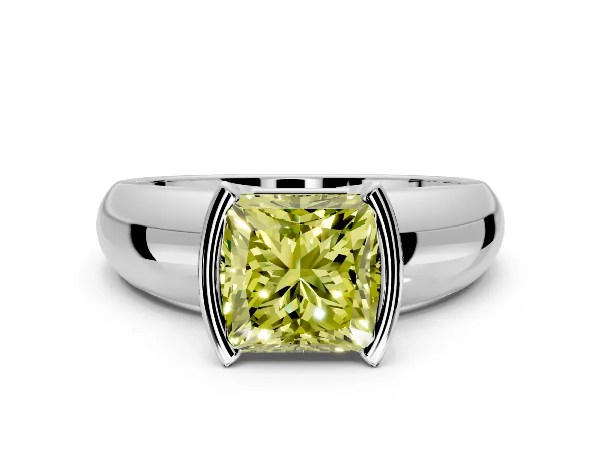 Tension Engagement Ring Setting for Fancy Yellow Princess Cut Center with Wide Flat Band and Tension Head in White Gold