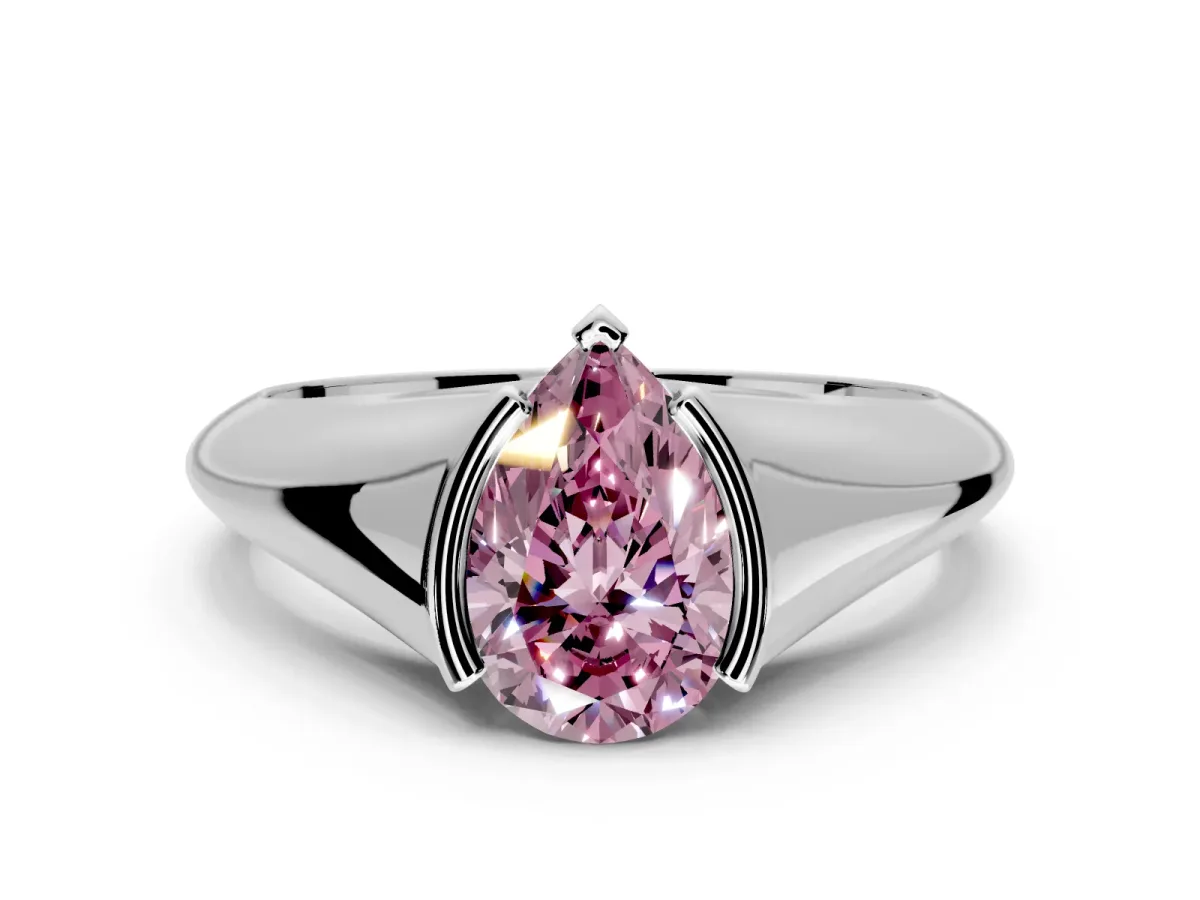 Tension Engagement Ring Setting for Fancy Pink Pear-Shaped Center with Wide Tapered Band and Tension Head in White Gold