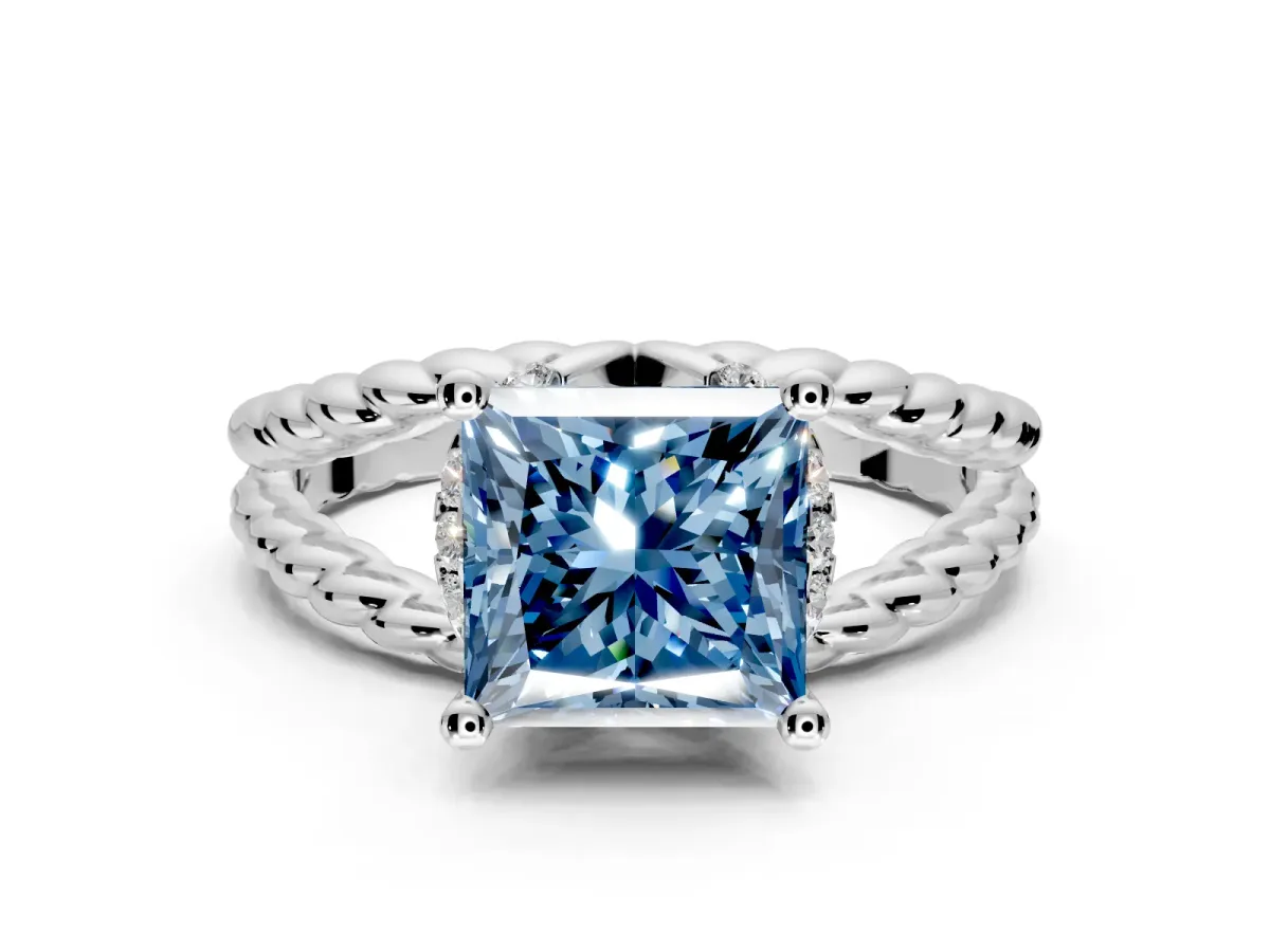 Halo Engagement Ring Setting for Fancy Blue Princess Cut Center with Rope Twist Split Shank and Prong Head in Platinum