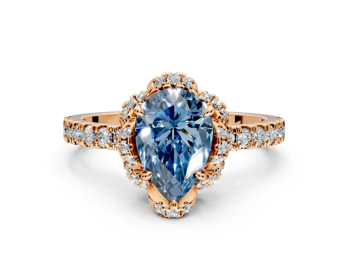 Halo Engagement Ring Setting for Fancy Blue Pear-Shaped Center with Openwork Halo, Pave Band and Prong Head in Rose Gold