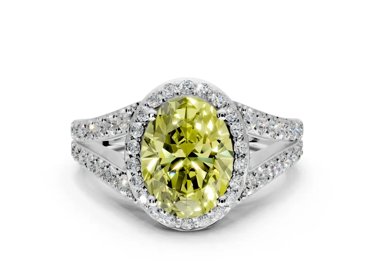 Halo Engagement Ring Setting for Fancy Yellow Oval Center with Narrow Pave Split Shank and Prong Head in White Gold