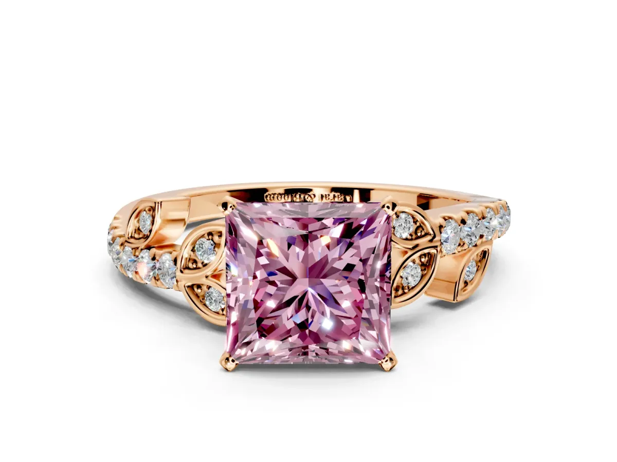 Leaf Motif Engagement Ring Setting for Fancy Pink Princess Cut Center with Pave Band and Prong Head in Rose Gold