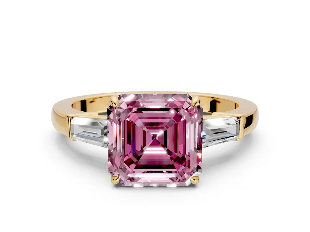 3 Stone Engagement Ring Setting for Fancy Pink Asscher Cut Center with Baguette Accents and Prong Head in Yellow Gold
