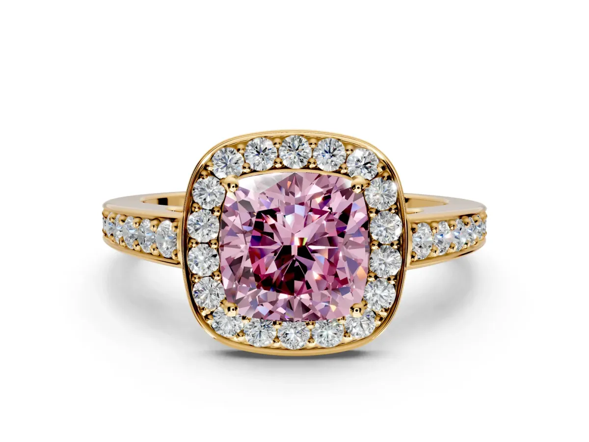 Bezel-Framed Halo Engagement Ring Setting for Fancy Pink Cushion Cut Center with Pave Band and Prong Head in Yellow Gold