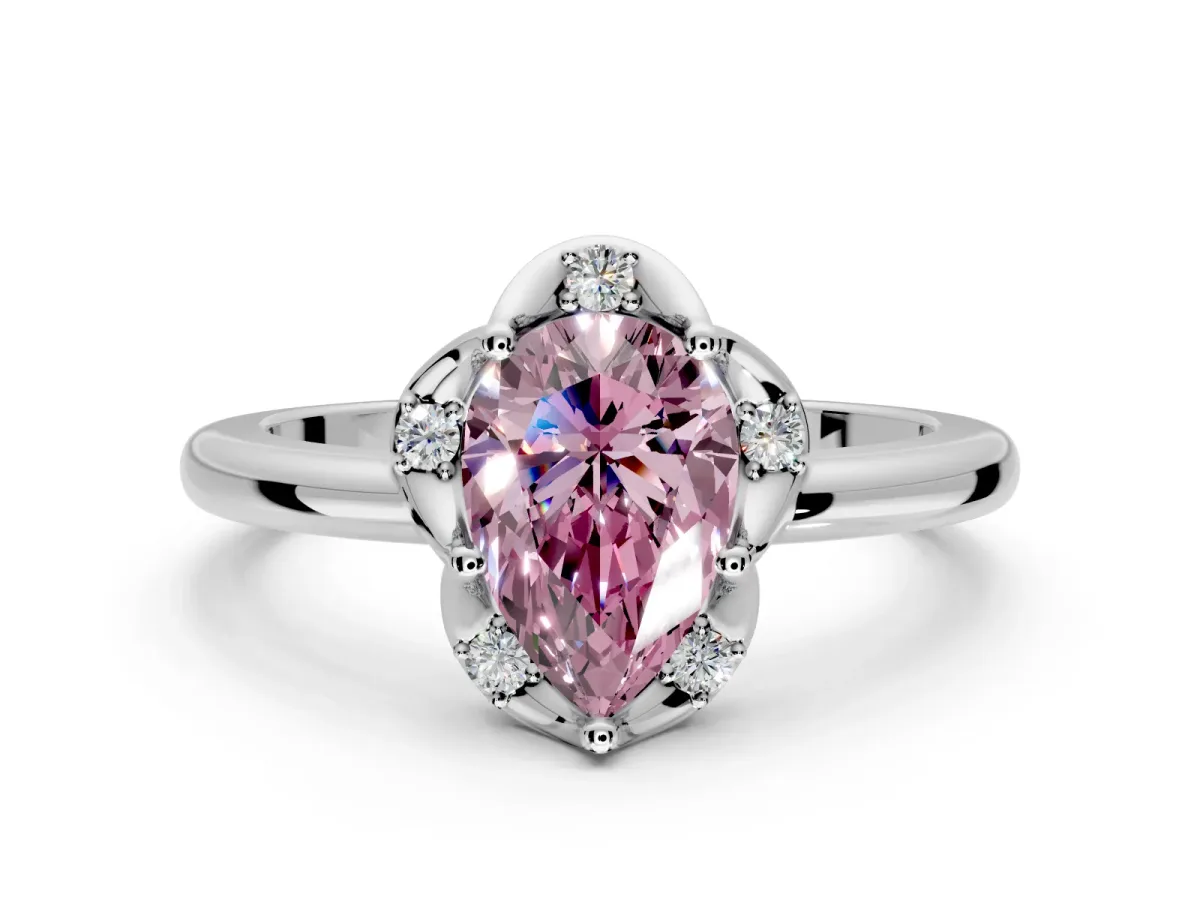 Floral Frame Engagement Ring Setting for Fancy Pink Pear-Shaped Center with Accent Clusters and Prong Head in White Gold